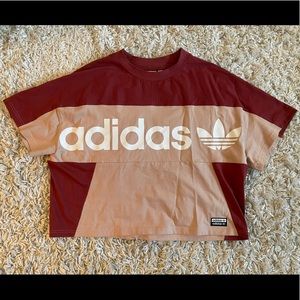 Adidas crop top, Large, drop shoulder, pink/maroon/cream